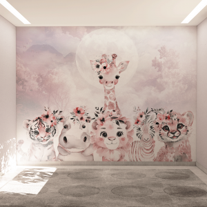 Papel de Parede Painel Animais de Safári Rosa - MD03 Adesivo 130g Sob-medida Impressão digital Antimofo Liso ou Texturizado Personalize seu Papel de Parede